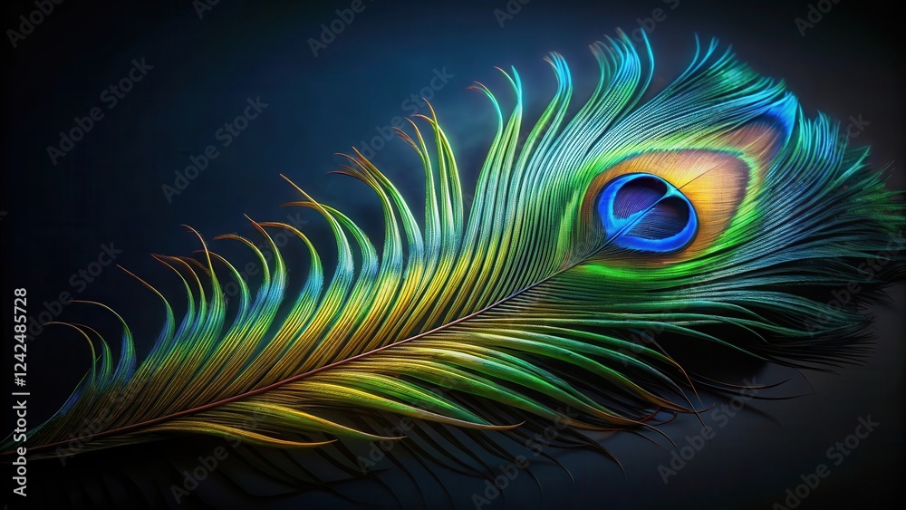 Obraz premium A majestic peacock feather lies gracefully on a dark black background, its vibrant blue and green hues catching the light perfectly, ornate accessories, bohemian style