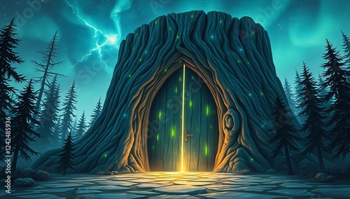 Mystical Wooden Gateway with Northern Light Runes, Hiding a Shifting Forest World – A massive stone door made from tree bark, pulsing with glowing runes, opening to a realm where trees walk