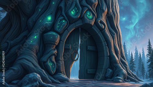 Enchanted Forest Portal, Formed from Bark and Runes That Glow Like Auroras – A towering tree-forged gate covered in shimmering runes, guarding a mystical dimension where the forest itself is alive
