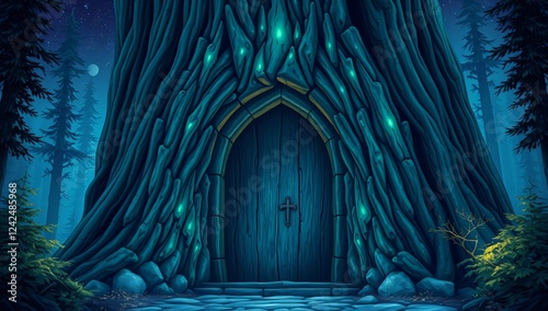 Ancient Tree-Bark Door with Glowing Runes, Guarding a Living Forest Realm – A colossal stone gate crafted from a giant tree, its iridescent runes shimmering like the northern lights