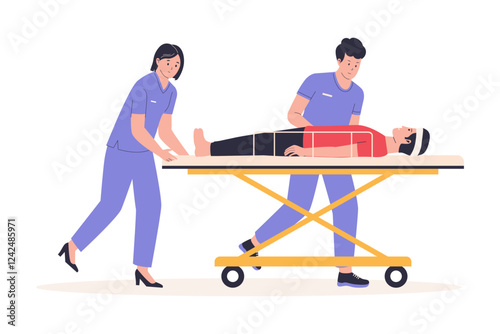 Illustration of paramedics team rushing With patient on stretcher. Illustrations for websites, landing pages, mobile apps, posters and banners. Trendy flat vector illustrations
