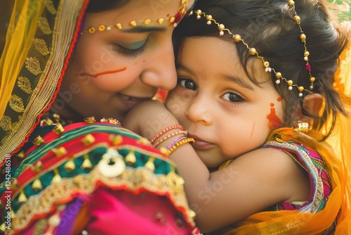 Mother and child joyfully connecting in vibrant traditional attire