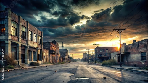 Desolate cityscape at dusk with empty streets and darkening sky, bleak landscape, abandoned