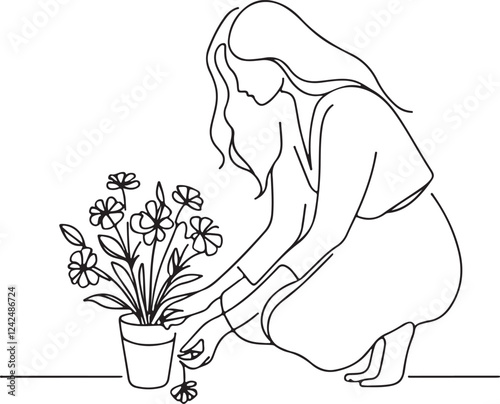 Elegant Line Drawing of a Woman Picking Flowers