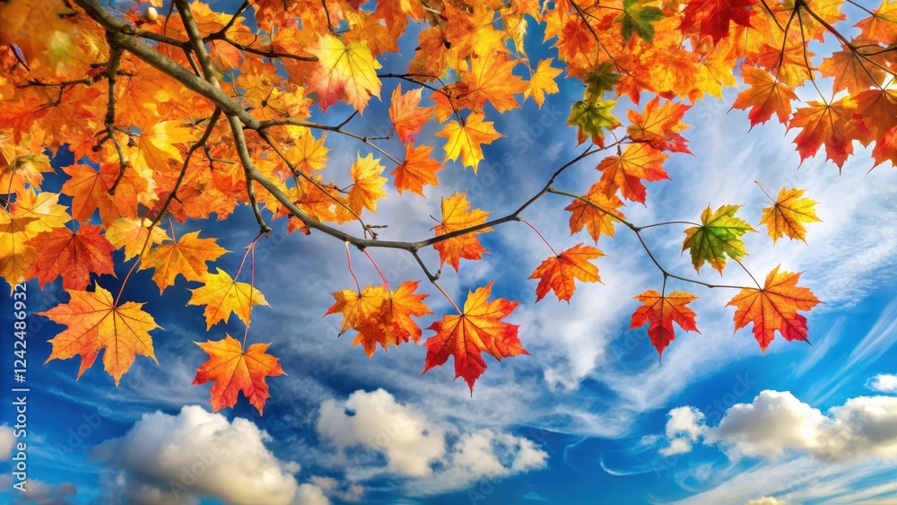 Vibrant autumn maple leaves in shades of orange red yellow green are scattered across a bare tree branch against a clear blue sky with fluffy white clouds, trees in fall, maple tree Vibrant autumn maple leaves in shades of orange red yellow green are scattered across a bare tree branch against a clear blue sky with fluffy white clouds, trees in fall, maple tree