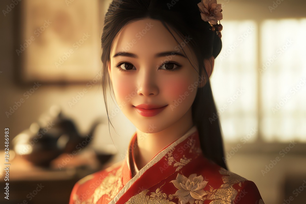 A realistic photograph of a graceful young Asian woman, 20-25 years old, with long black hair styled in a traditional bun adorned with a lotus hairpin. A realistic photograph of a graceful young Asian woman, 20-25 years old, with long black hair styled in a traditional bun adorned with a lotus hairpin.
