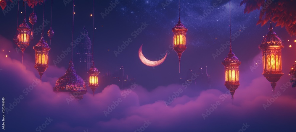 Naklejka premium Night city lanterns crescent moon cloudscape