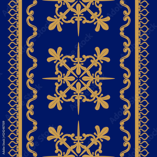 Detailed Exquisitely Border of Rich Decoration. Golden Silk Embroidery on Navy Blue Background associated with elegance and authority, while gold adds opulence and warmth. Stripe Cushion lily Grand