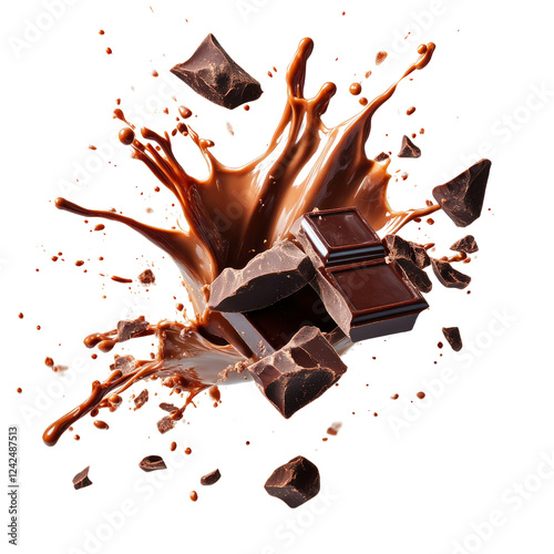 A dynamic splash of chocolate surrounds broken pieces of dark chocolate, creating an enticing and indulgent visual.