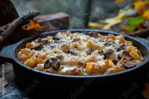 Creamy pasta bake with mushrooms, cheese, and herbs. Perfect for autumnal menu, cozy and comforting. photo