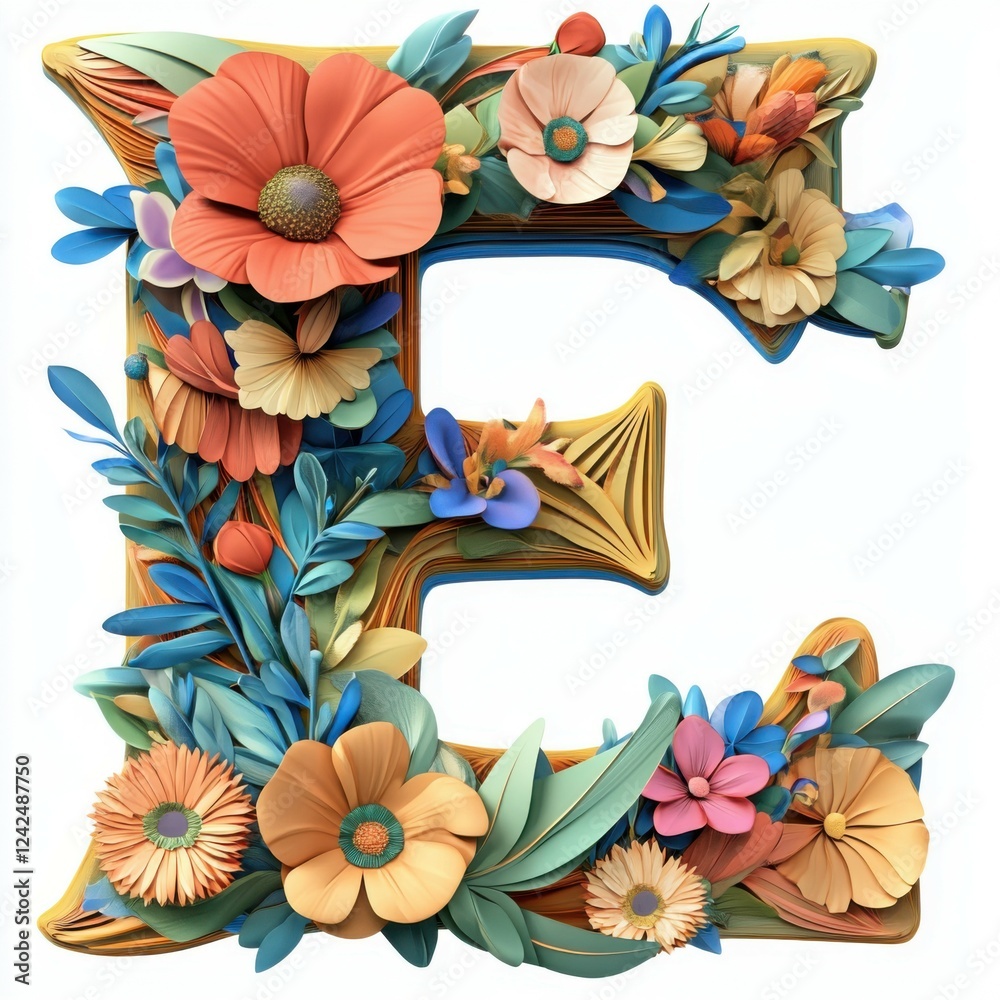 Letter E with flower elements in 3d studio lighting, floral alphabet design, PNG with transparent background, decorative typography art
Letter E with flower elements in 3d studio lighting, floral alphabet design, PNG with transparent background, decorative typography art