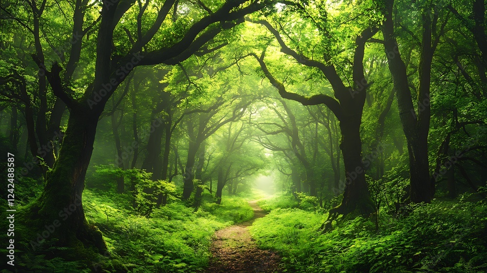 Obraz premium A Path Through a Sunlit Green Forest