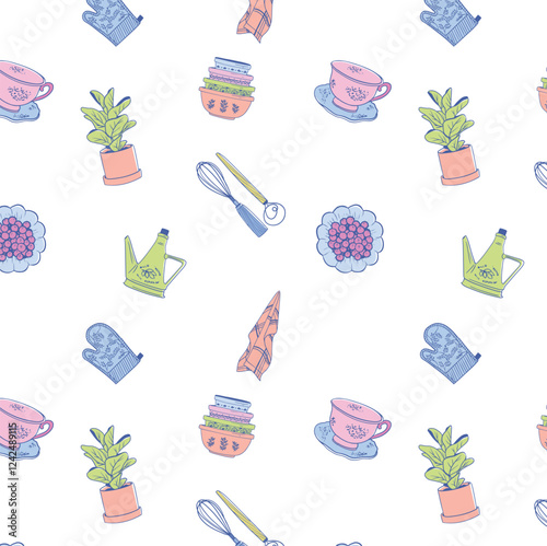 Seamless Pattern Cooking and Kitchen Hand Drawn Time Vintage Illustration