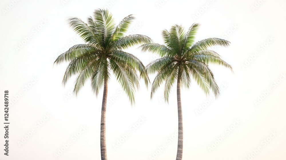 Fototapeta premium Two palm trees, tropical beach, sunrise, vacation background