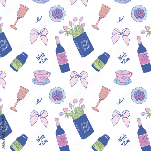 Seamless Pattern Whimsical Wine With Love Vintage Illustration