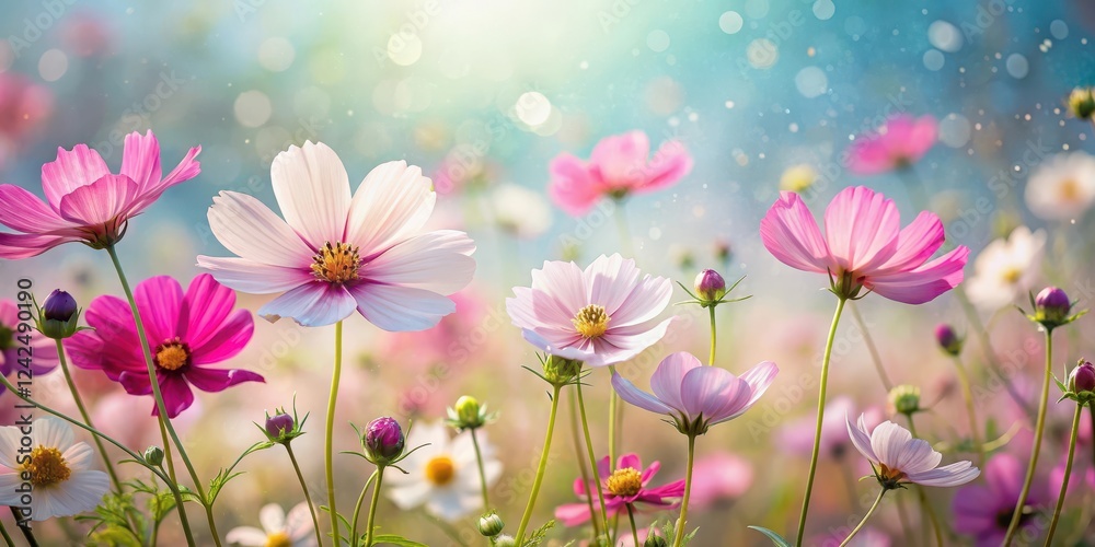 Vast expanse of cosmos flowers swaying gently in the breeze, their delicate petals shimmering with subtle colors and intricate patterns , serene atmosphere, vibrant colors