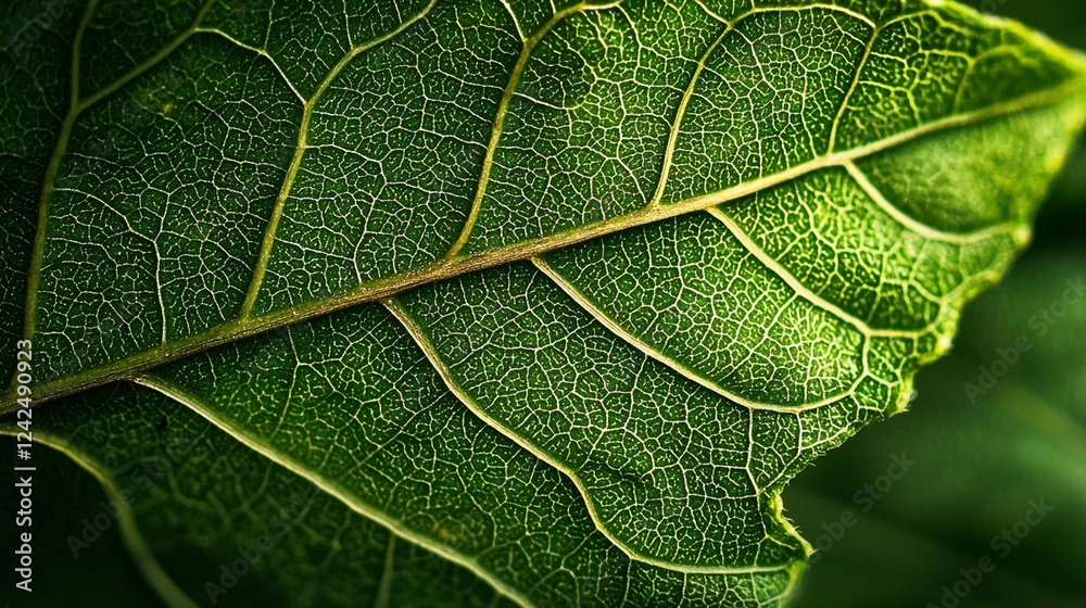 Obraz premium Close-up leaf vein detail, sunlight, green plant, nature background, botany study