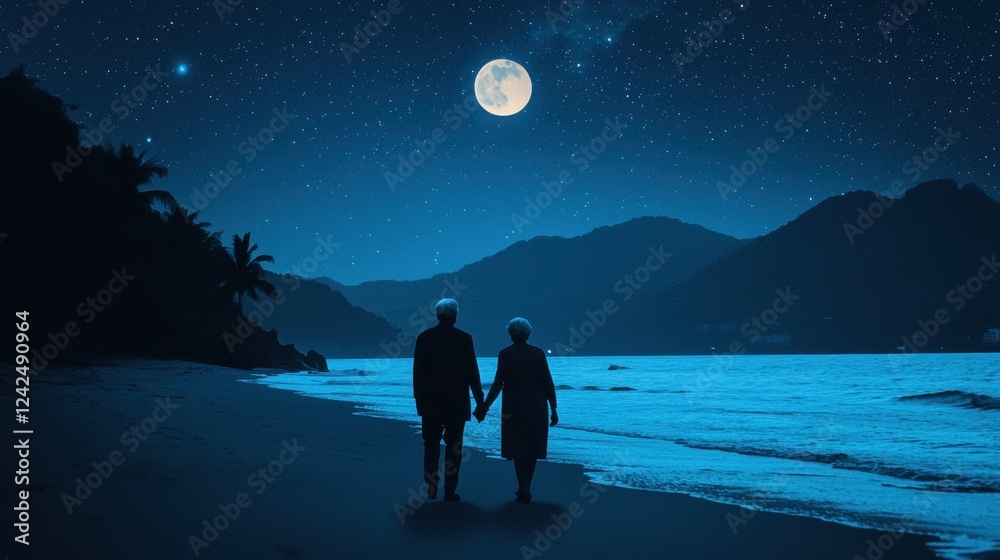 Fototapeta premium Romantic Evening Walk on Beach Under Full Moonlight and Stars