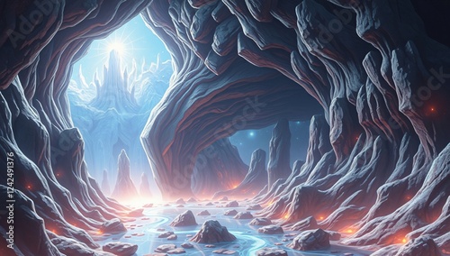 Glowing Rune Portal Ripping Through Reality, Exposing an Infinite Glassy Realm – A tear in the universe itself, where luminous runes shimmer and an alien world of crystal and liquid glass stretches