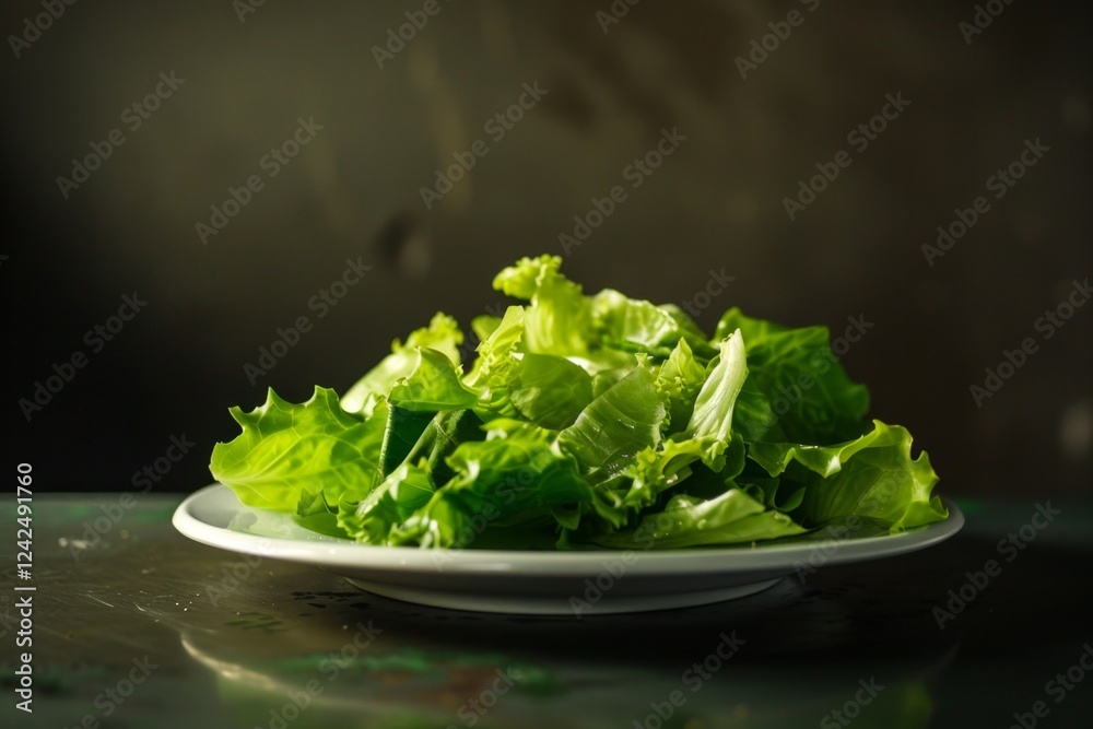 Fresh Green Salad on a Dark Background with Soft Lighting Fresh Green Salad on a Dark Background with Soft Lighting