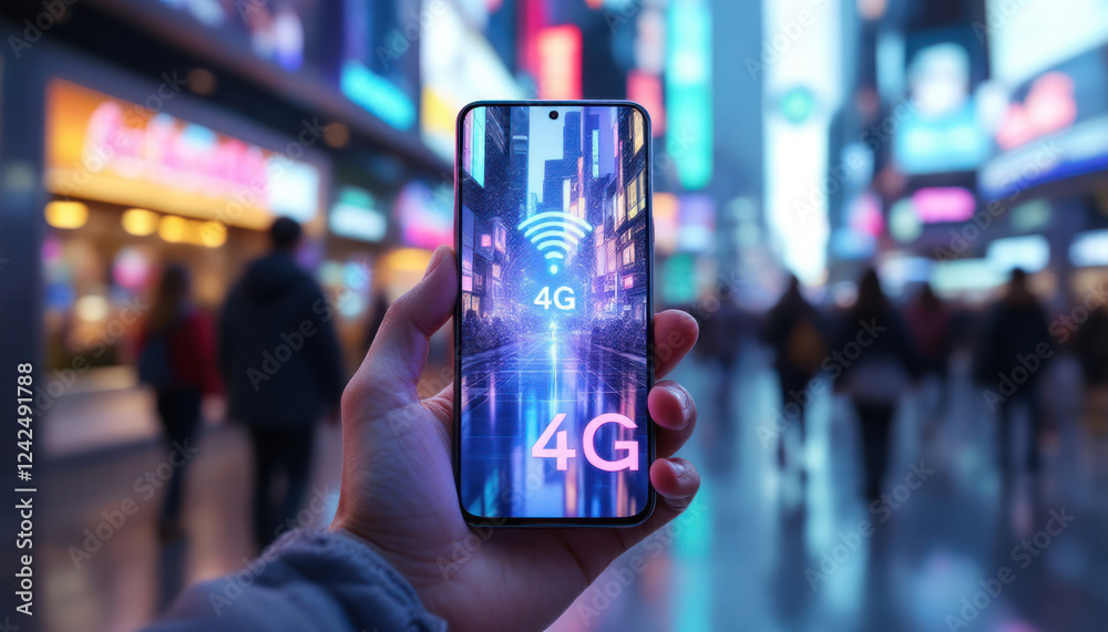 Hand Holding Smartphone Displaying 4G Network in City Hand Holding Smartphone Displaying 4G Network in City