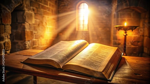 Illuminated biblical text with soft glowing light in ancient church architecture, divine, illumination