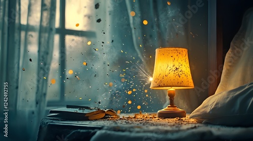 Bedside lamp igniting and sparking against the curtains creating a moody warm and atmospheric lighting in a cozy bedroom setting  The flickering glowing light adds a sense of drama mystery