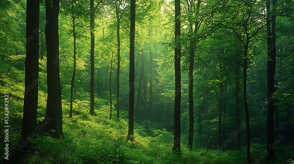 Sunlit Forest with Tall Trees and Lush Undergrowth Sunlit Forest with Tall Trees and Lush Undergrowth