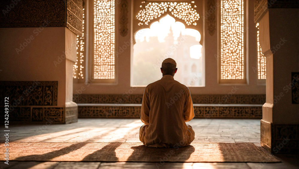A man prays, viewed from behind, kneeling on a patterned rug in a room with ornate windows. Light streams in through the windows. A man prays, viewed from behind, kneeling on a patterned rug in a room with ornate windows. Light streams in through the windows.