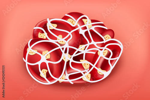 Blood clotting. Thrombus. Red blood cell, Platelet and Fibrin.