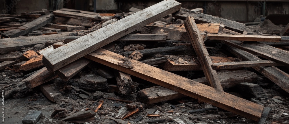 A pile of wooden beams and rubble showcasing industrial materials in an abandoned warehouse context A pile of wooden beams and rubble showcasing industrial materials in an abandoned warehouse context