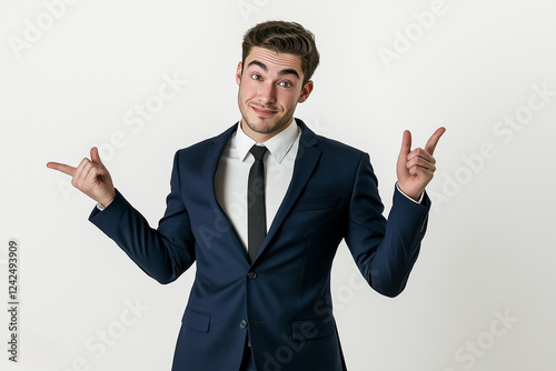 A young businessman wearing a fitted navy blue suit, white dress shirt, and a slim black tie, making an expressive hand gesture with raised eyebrows and a slight smirk, isolated white background