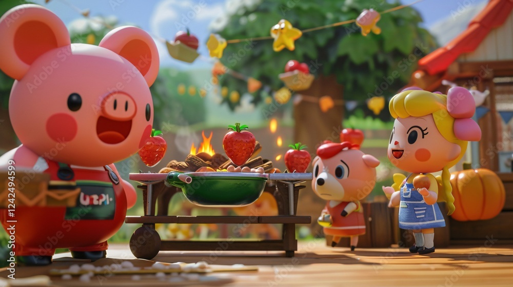 Obraz premium Peach character having a barbecue with friends