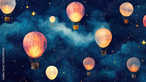 Colorful Hot Air Balloons in a Mystical Night Sky Background