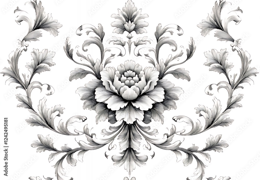 Fototapeta premium Intricate Black and White Vintage Floral Illustration with Symmetrical Design
