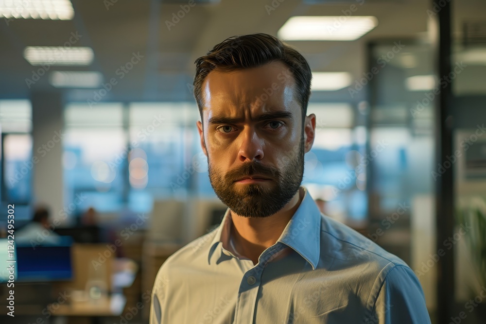 Obraz premium Serious man in office setting with focused expression and soft lighting