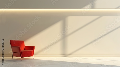 Stylish living room interior with red armchair and hidden lighting wall background