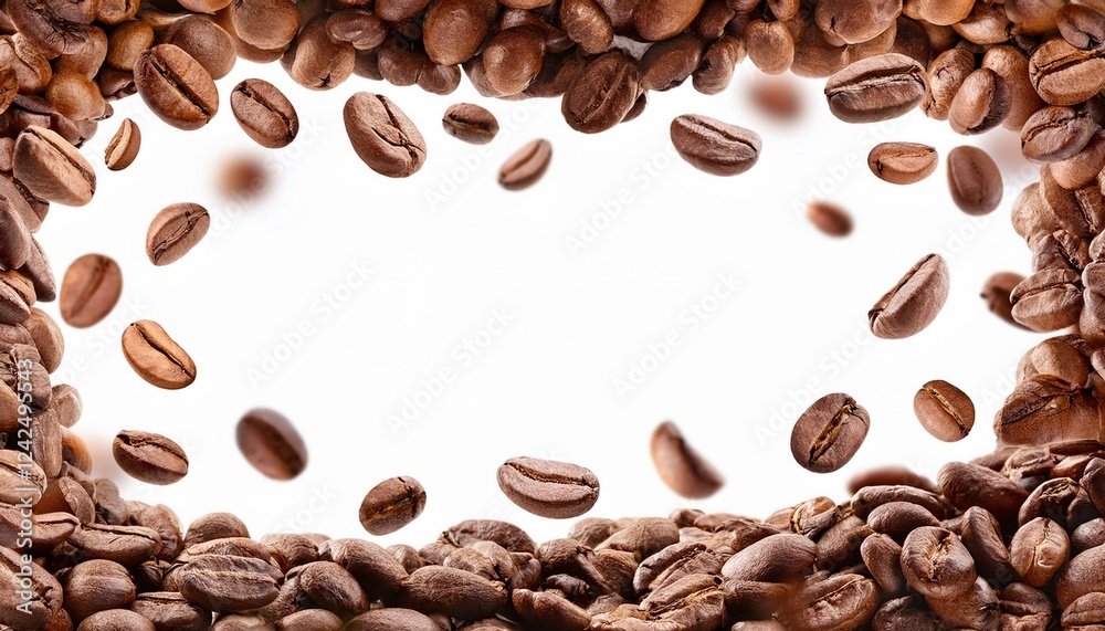 Obraz premium Coffee beans on a white background. Falling coffee beans closeup frame isolated on white background.