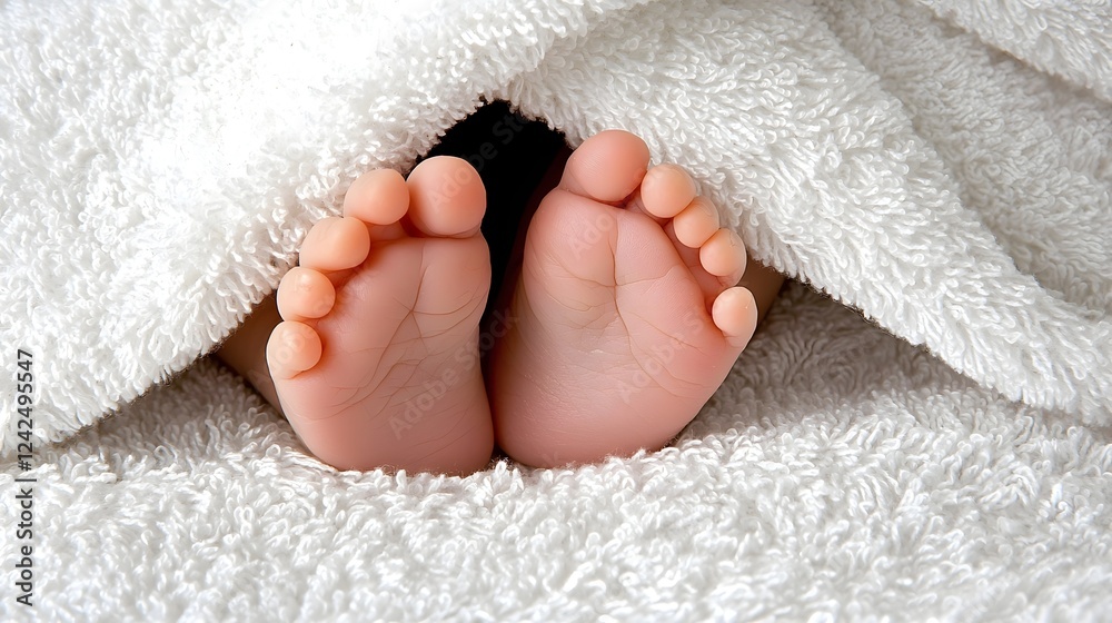 Closeup macro shot of tiny delicate baby feet resting peacefully on a soft plush white towel The image captures the tender innocent beauty of a newborn child in a simple tranquil setting Closeup macro shot of tiny delicate baby feet resting peacefully on a soft plush white towel The image captures the tender innocent beauty of a newborn child in a simple tranquil setting