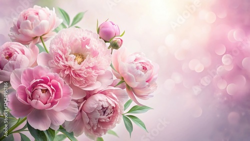 delicate pink peony flowers arranged in a bouquet, with soft petals and intricate details, set against a subtle gradient background, botanical illustration, floral design