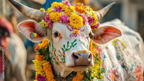 A beautifully adorned cow with colorful flowers and intricate body paint, captured during Mattu Pongal festivities in a traditional Indian setting photo