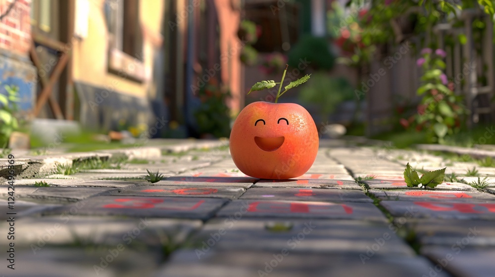 Obraz premium Smiling 3D peach playing hopscotch on the sidewalk