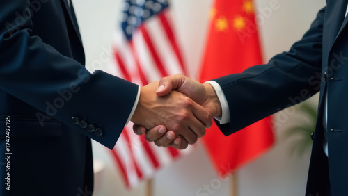 handshake of two businessmen or politicians against the background of the US and Chinese flags