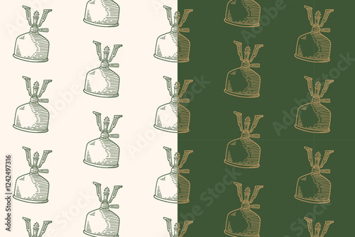 camping gas stove portable doodle seamless pattern on background. fireplace oven outdoor engraving pattern background. retro furnace firebox background for adventure decor and merchandise