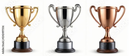 Three shiny trophies in gold, silver, and copper on wooden base against a white background.