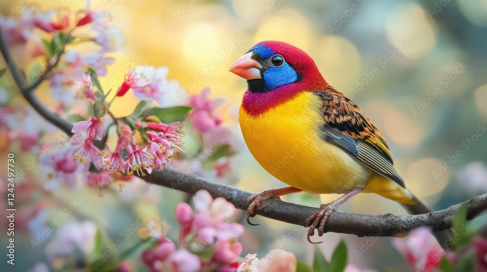 A close-up of a Gouldian sparrow showcasing its striking plumage, sitting on a tree branch with a background of blooming wildflowers. A close-up of a Gouldian sparrow showcasing its striking plumage, sitting on a tree branch with a background of blooming wildflowers.