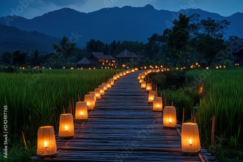 Thailand Lantern Festival: Lanterns released along the famous bamboo bridge over Mae Hong Sonâ€™s rice fields, with the light creating a magical path and mountains visible in the background, scenic photo