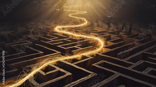 A golden thread weaving through a dark maze, forming a luminous path.