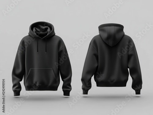 Black Hoodie Isolated on Gray Background Apparel Front and Back View Casual Clothing Design