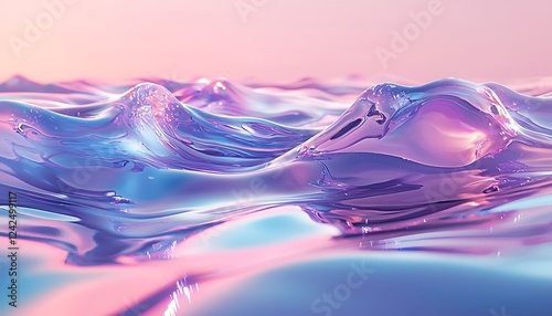 Holographic, iridescent liquid shapes, floating and swirling, reflecting a spectrum of soft hues like violet, pink, and turquoise, in a futuristic 3D rendering.